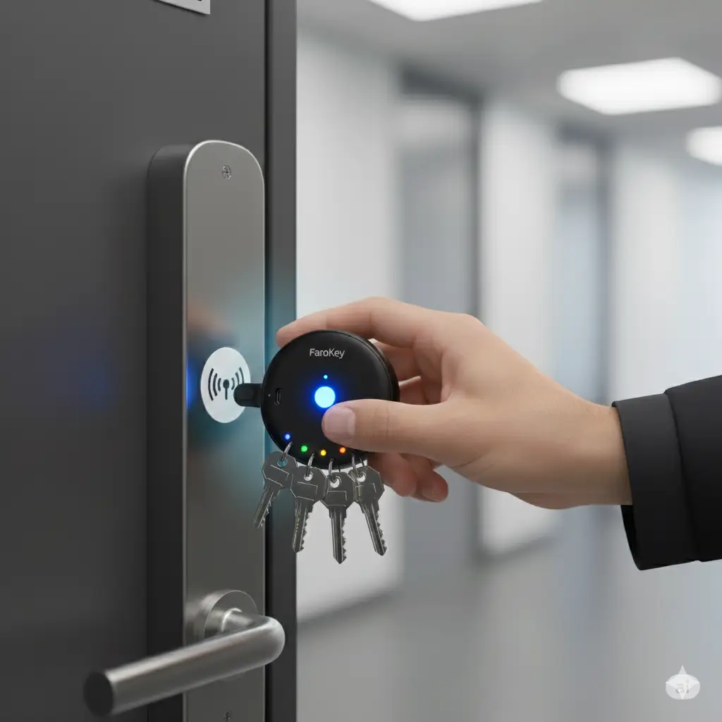 Dispositivo FaroKey identificando llave correcta con LED visual - Sin GPS ni smartphone